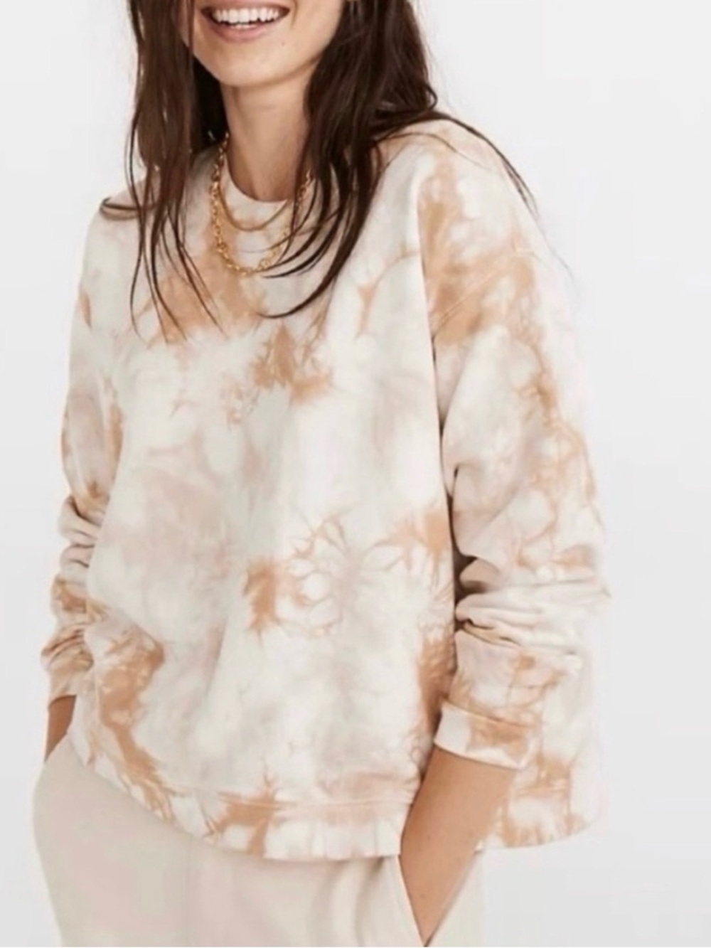 Madewell Tie-Dye Crewneck Sweatshirt in Cream and Brown ptp 19 length 22 - Picture 1 of 7